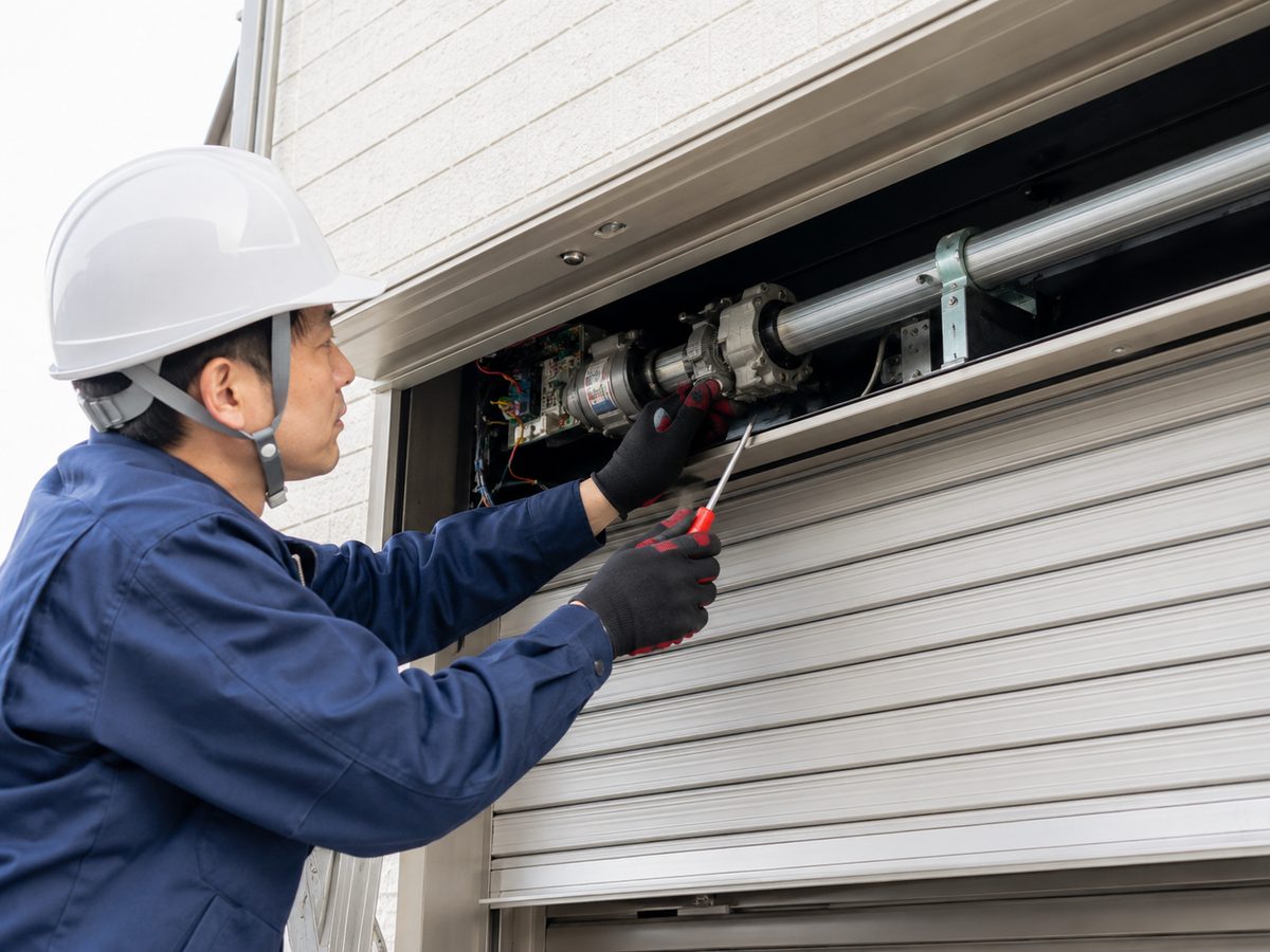 作業員が電動シャッターの開閉機を点検している様子
