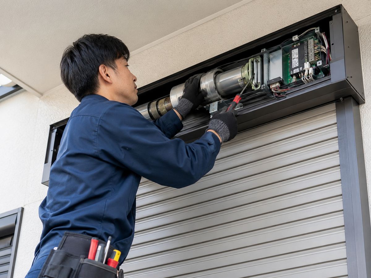 作業員が電動シャッターの開閉機・制御部を点検しているシーン