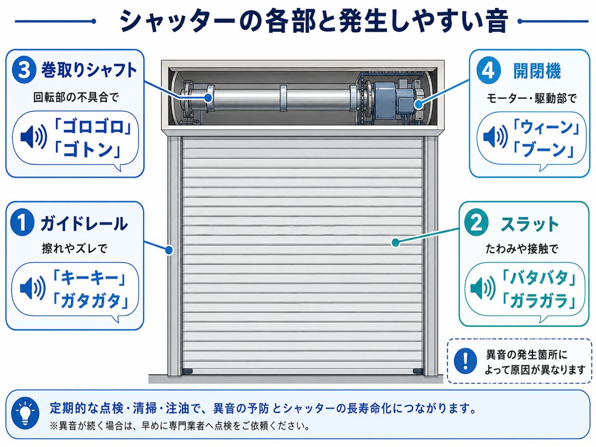 シャッターの各部と、それぞれで発生しやすい音を対応づけた図