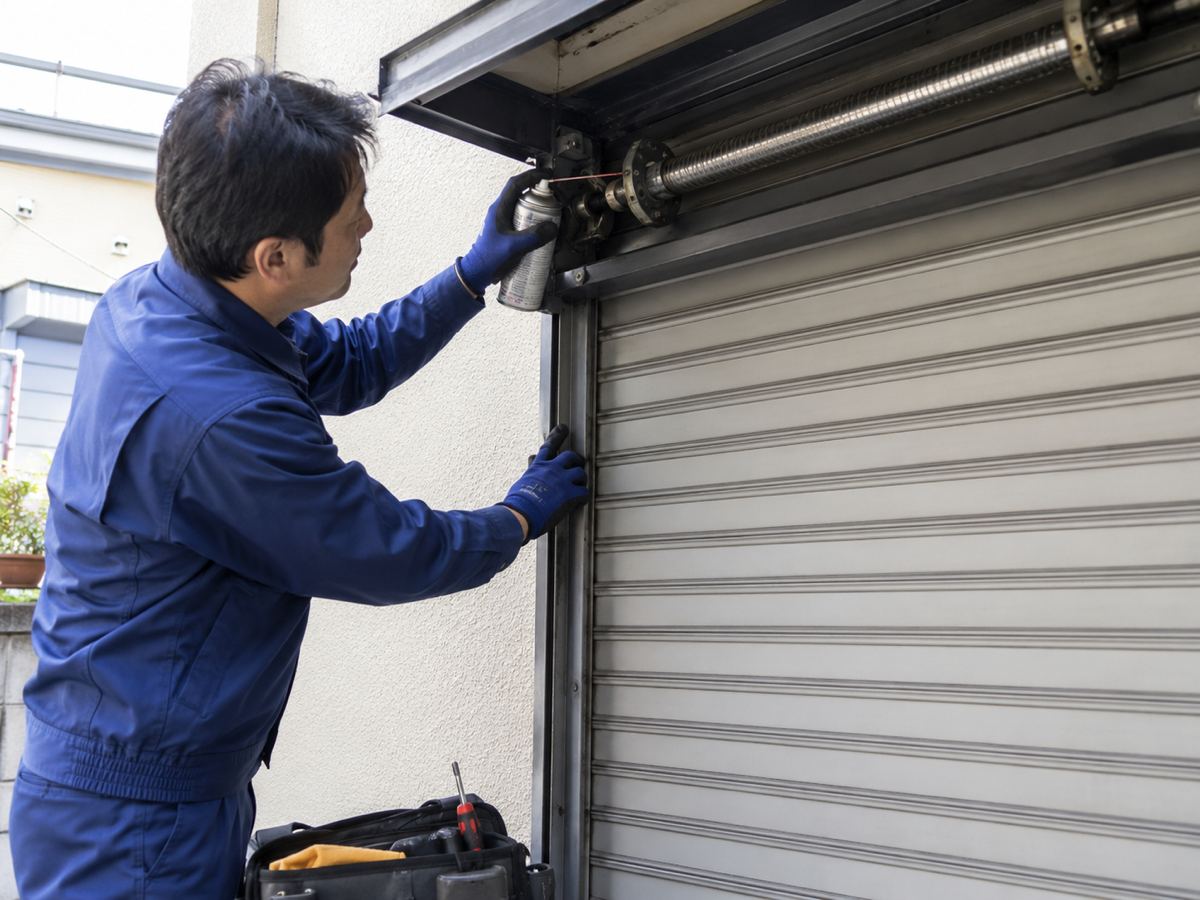 作業員がガイドレールや巻取りシャフト周辺を点検・注油しているシーン