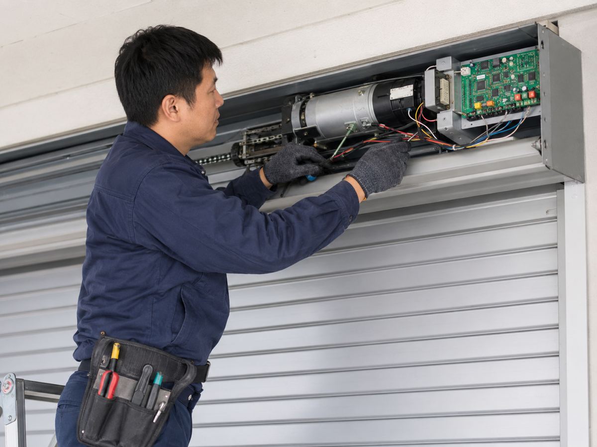 作業員が電動シャッターの受信部・制御基板を点検しているシーン