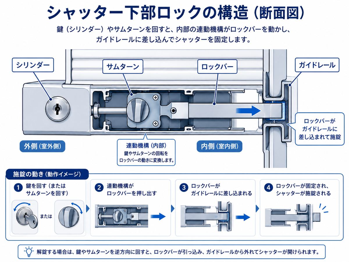 シャッター錠の仕組みを示した断面図